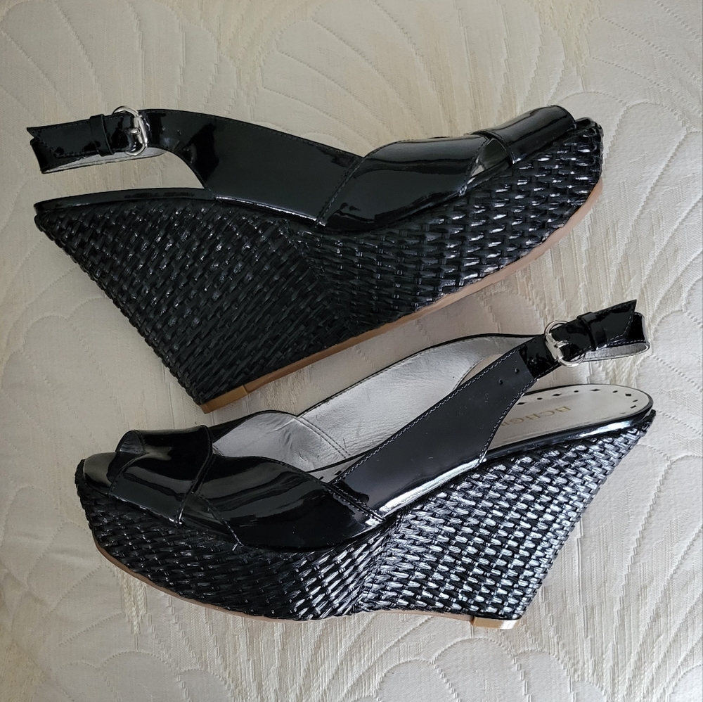 BCBGirls Women's Black Patent Wedge Sandal Size 9